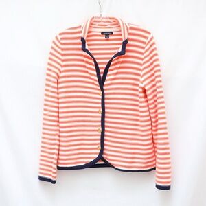 Land's End White Orange Stripe Gold Button Front Cardigan Navy Trim M Old money